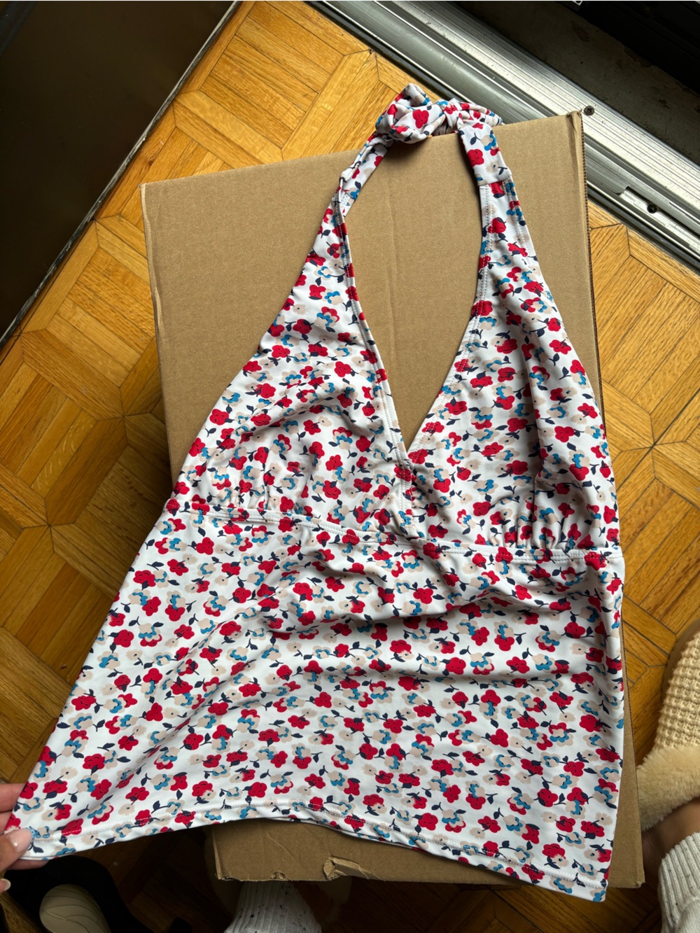 White Halter Floral Swim Top with Red & Blue Flowers